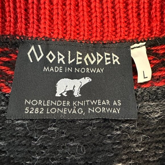 NORLENDER Knitwear Black Red Wool Knit Fair Isle Button Cardigan Sweater Size L - Picture 10 of 11